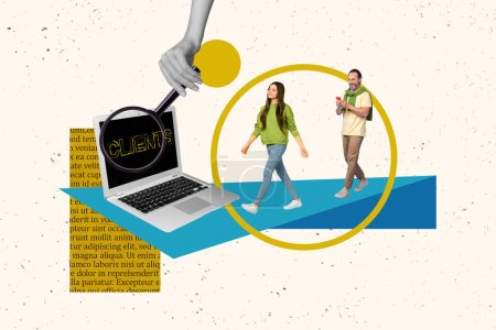 Collage-Kunstwerk von zwei Arbeitern zukünftige Startup-Besitzer halten Telefon Lupe Zoom finden Laptop internationalen Kunden isoliert auf gezeichneten Hintergrund.