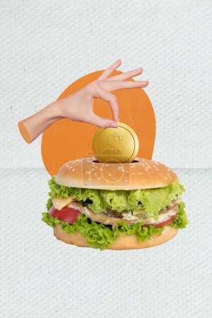 Vertical minimal collage template of big hamburger unhealthy junk food save money economy put coin inside sandwich isolated on white background.