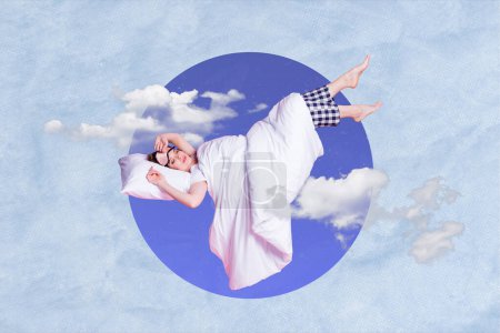 Creative retro 3d magazine collage image of happy smiling lady relaxing sleeping isolated painting background.