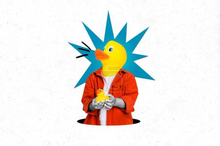 Kreative Bildcollage lustiger Person mit gelbem Entengesicht und Badespielzeug-Werbekonzept.