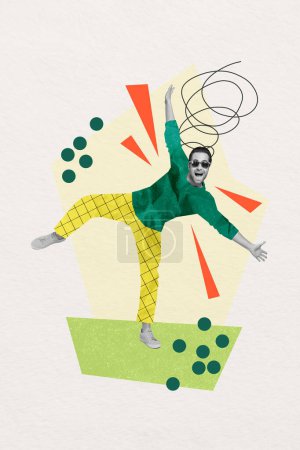 Vertical creative photo artwork collage of funny funky cheerful positive man dancing having fun enjoy holiday isolated drawing background.