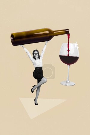 Kreative Magazinvorlage Collage von lustigen Managerinnen halten große Weinflasche gießen Glas feiern festliches Ereignis.