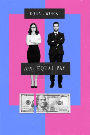 Konzeptionelle Collage-Bild mit Frau und Mann Geschäftsleute kämpfen für gleiche Gehälter Bedingungen menschliche Gleichheit.