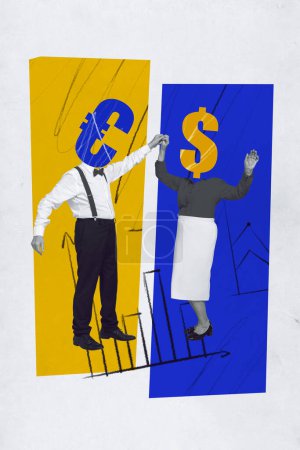 Photo collage artwork minimal picture of funny old couple dancing currency sigs instead of heads isolated drawing background.