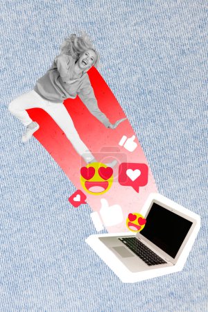 Photo collage of young woman addicted jumping virtual blogger inside laptop display famous person like emoji instagram isolated on blue background.
