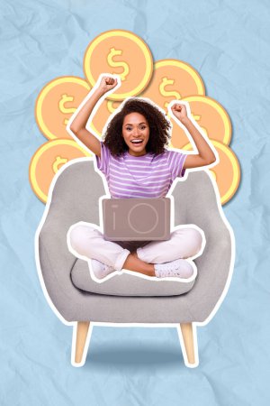 Vertical photo collage of young overjoyed funny girl raise fists up sitting use laptop trading bitcoin grow currency isolated on blue background.