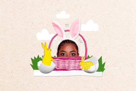 Artwork magazine collage picture of shy funny lady wear easter headband hiding basket isolated drawing background.