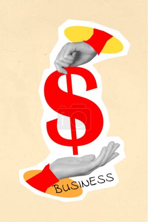 Creative Poster Collage Bild Bild von zwei menschlichen Arm halten usd Zeichen verdienen Geld Business-Team isoliert auf gemaltem Hintergrund.