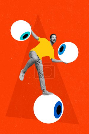 Composite collage of funny guy metaphor artwork positive person huge eyeball society watching private data isolated on red background.