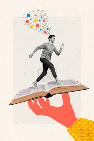 Vertical collage of excited funny guy exploring world read non fiction environment hand hold huge book deciding isolated on grey background.