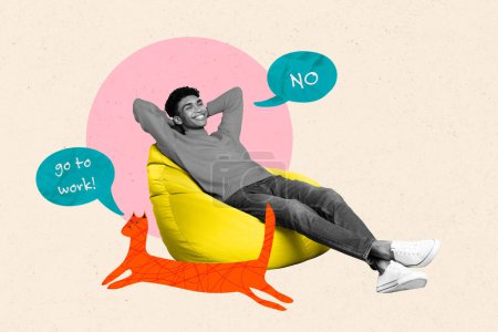 Creativo collage concepto pereza divertido joven mintiendo beanbag cómodo tomar la siesta nunca será productivo aislado sobre fondo beige.