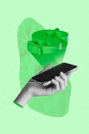 Modèle de bannière affiche collage de main humaine tenir gadget intelligent avec salaire argent balance notification gains concept.