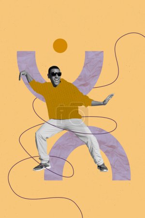 Fotografía collage ilustraciones mínima imagen de feliz sonriente chico bailando divertirse aislado dibujo fondo.