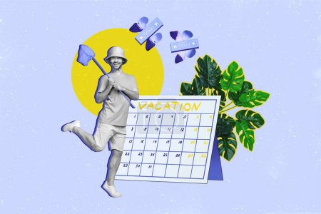 Creative photo collage photo of youngster crazy guy summertime hobby outdoors catcher lowcost tickets calendar isolated on blue background.
