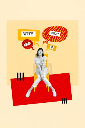 Composite picture collage of young stressed girl sitting chair questioned bad mood uncertain dont know answer isolated on drawn background.