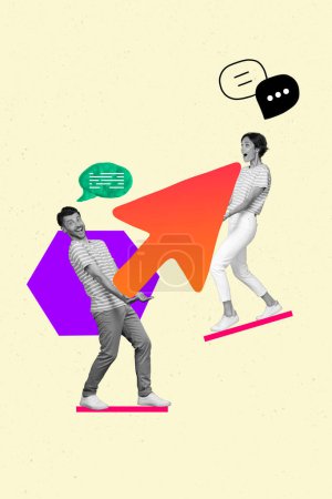 Vertical collage picture photo artwork of two young businesspeople hold arrow growth progress new startup isolated on drawn background.