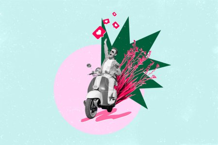 Artwork collage picture of black white colors guy driving scooter fresh flower receive like notification isolated on creative background.