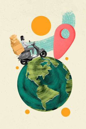 Kreative abstrakte Vorlage Collage von Kurier weiblich Reiten Roller Planet Erde Standort Navigation Kartonschachteln Verkauf Lieferung.