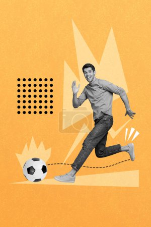 Placard collage de jeune joueur de football drôle coup de pied ballon passe-temps entraînement échauffement avant jeu coupe du monde isolé sur fond orange.