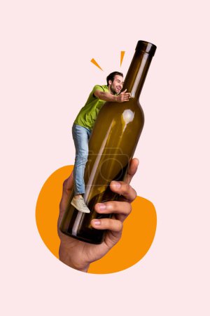Composite illustration collage of good mood guy adventures have fun glass bottle wine cabernet entertainment isolated on beige background.