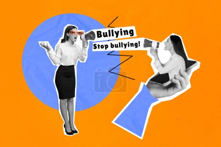 Creative 3d photo artwork graphics collage painting of activists creaming toa asking stop cyber bullying isolated orange color background.