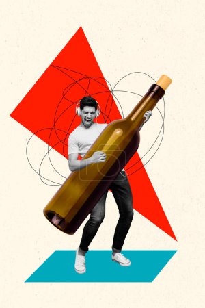 Foto-Collage-Kunstwerk minimales Bild von funky cool man spielt Weinflasche Gitarre isoliert grafischen Hintergrund.