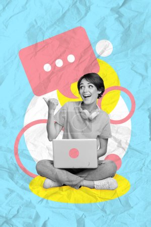 Image illustration collage d'image de excitée positive belle fille assis main montrer recommander magasin de dispositif isolé sur fond de dessin bleu.