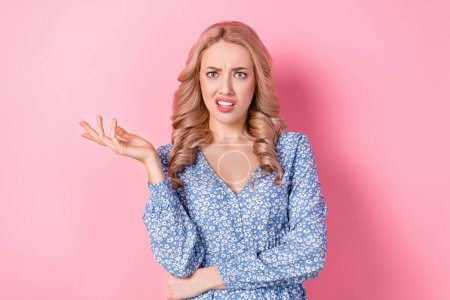 Portrait of pretty unsatisfied furious lady raise arm palm complain questioned communicate you isolated on pink color background.
