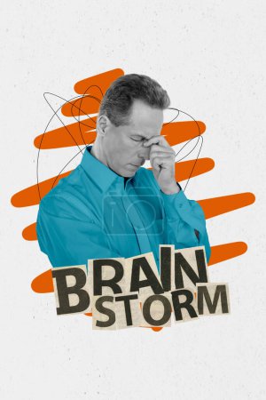 Vertikale Collage-Bild von Schwarz-Weiß-Effekt gealterten gleichgesinnten Mann Hand berühren Kopf Brainstorming isoliert auf kreativen weißen Hintergrund.