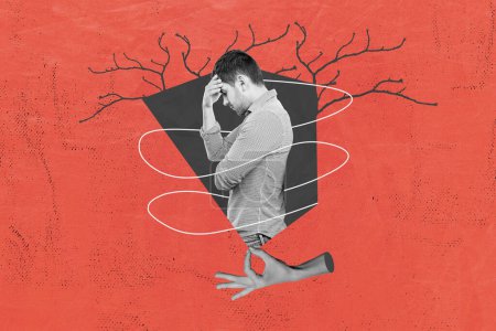 Skizze Collage Bild von gestressten depressiven Kerl Gefühl einsam isoliert kreative rote Farbe Hintergrund.