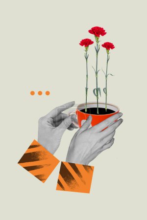 Vertical composite artwork photo collage of arms holding cup of drink with carnation flowers isolated on creative painted background.