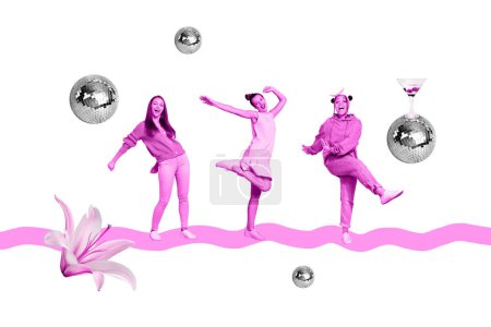 Banner Collage Bild von fröhlichen positiven Mädchen tanzen Spaß beim Trinken Martini genießen Wochenende isoliert auf Zeichenhintergrund.