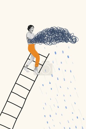 Vertikale zusammengesetzte Fotocollage einer erstaunten Frau, die auf einer Leiter steht, hält Wolke für Regen isoliert auf einem kreativen Zeichenhintergrund.