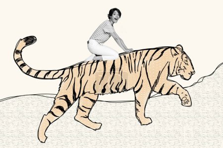 Zusammengesetztes Bild abstrakte Fotocollage von ekstatisch überglücklicher Frau, die Tiger in Savanne reitet, isoliert auf kreativ gemaltem Hintergrund.