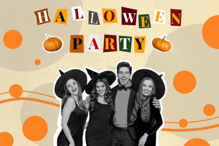Image composite de collage de meilleurs amis personnes étreignant vampire sorcière costumes partie d'entreprise fête d'Halloween panneau d'affichage fantaisie inhabituelle.