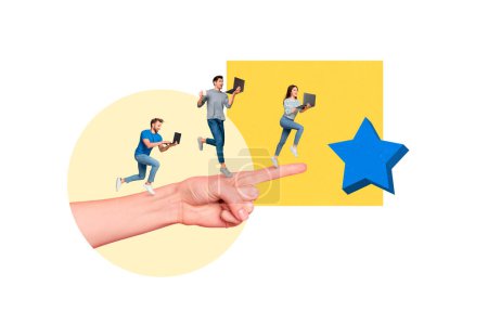 Collage 3D-Bild von erfolgreichen Menschen Büroangestellte laufen Erreichen positiver Rückkopplung Sterne isoliert auf weiß lackiertem Hintergrund.