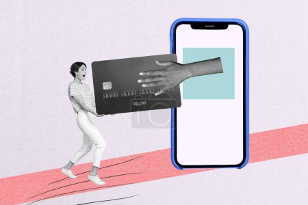 Creative collage of big smart phone screen black white colors arm give astonished mini girl debit card isolated on painted background.
