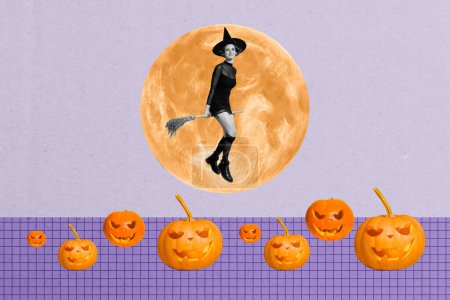 Composite collage image of funny beautiful female flying broomstick pumpkin carved face smile decoration magazine sketch.