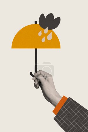 Vertikale abstrakte zusammengesetzte kreative Fotocollage mit großem Arm hält kleinen Regenschirm versteckt vor Regen isoliert auf weißem Hintergrund.
