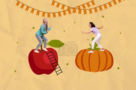 Artwork collage picture of cheerful crazy carefree girls dancing together on huge seasonal fruit beige drawing background.
