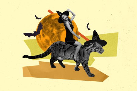 Plantilla creativa collage imagen de la señora bruja emocionada montar tigre fiesta de halloween aislado colorido fondo.