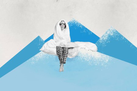 Foto-Collage-Kunstwerk minimales Bild von verträumt frierenden Dame Rollen in warme Decke genießen Weihnachten isoliert kreativen Hintergrund.