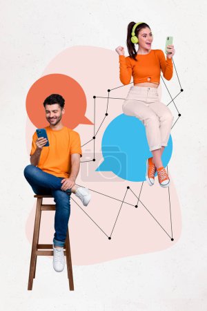 Photo collage artwork minimal picture of happy smiling guy lady chatting instagram twitter telegram facebook isolated creative background.