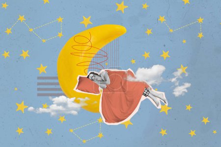 3D Collage Illustration Kunstwerk von jungen glücklich lächelnden Mädchen schlafen Mond in bequeme warme Decke gewickelt isoliert auf Sternenhimmel Hintergrund.