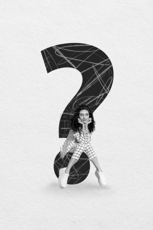 Creative drawing collage picture of young female sit question mark education faq concept black white billboard comics zine minimal.