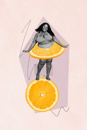 Créatif vertical collage affiche bannière debout en surpoids attrayant femme énorme maillot de bain orange été vitamines fraîches.