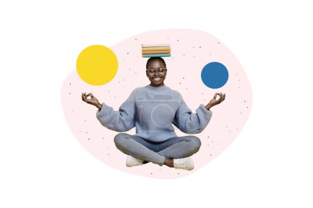 Collage photo bannière créative assis jeune femme méditant équilibre livre pile tête haute paix harmonie développement de soi.