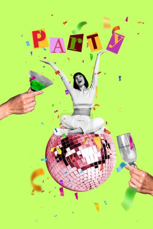 Vertical creativo collage cartel feliz alegre chica celebración fiesta festivo ambiente bebida cócteles alcohol verde fondo.
