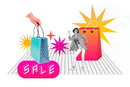 Collage creativo cartel efecto monocromo emocionado disfrutar sonrisa joven sala de baile comprar ropa online orden venta plantilla.