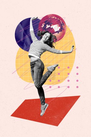 Vertikale Foto-Collage kreative Poster tanzen junge Mädchen Spaß Party Veranstaltung Feier Freitag Wochenende Clubbing Zeichnung Hintergrund.